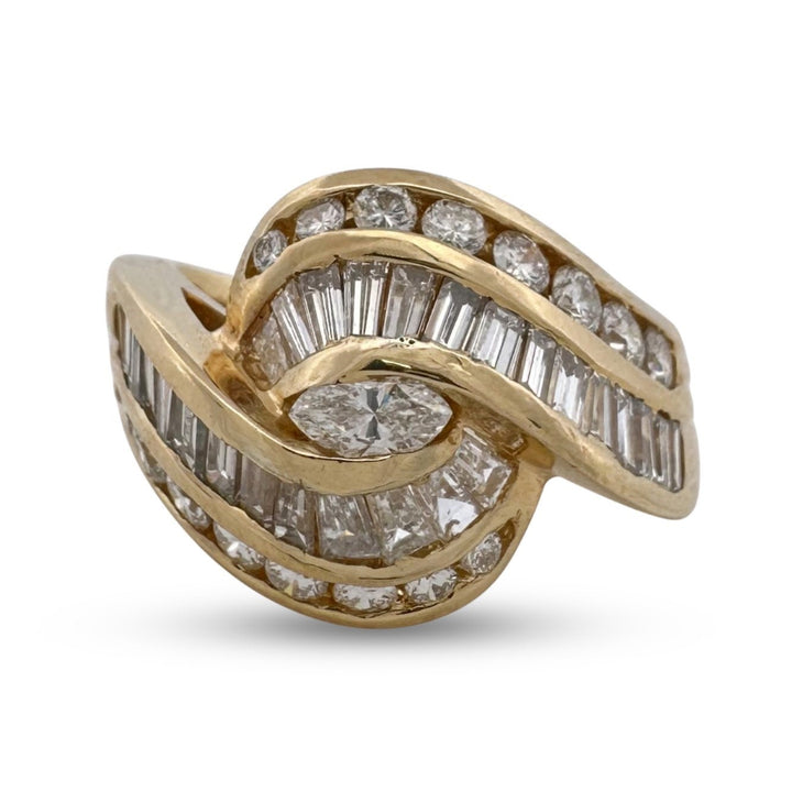 1.89ctw Baguette, Round Brilliant & Marquise Natural Diamond Cocktail Ring in 18k Yellow Gold
