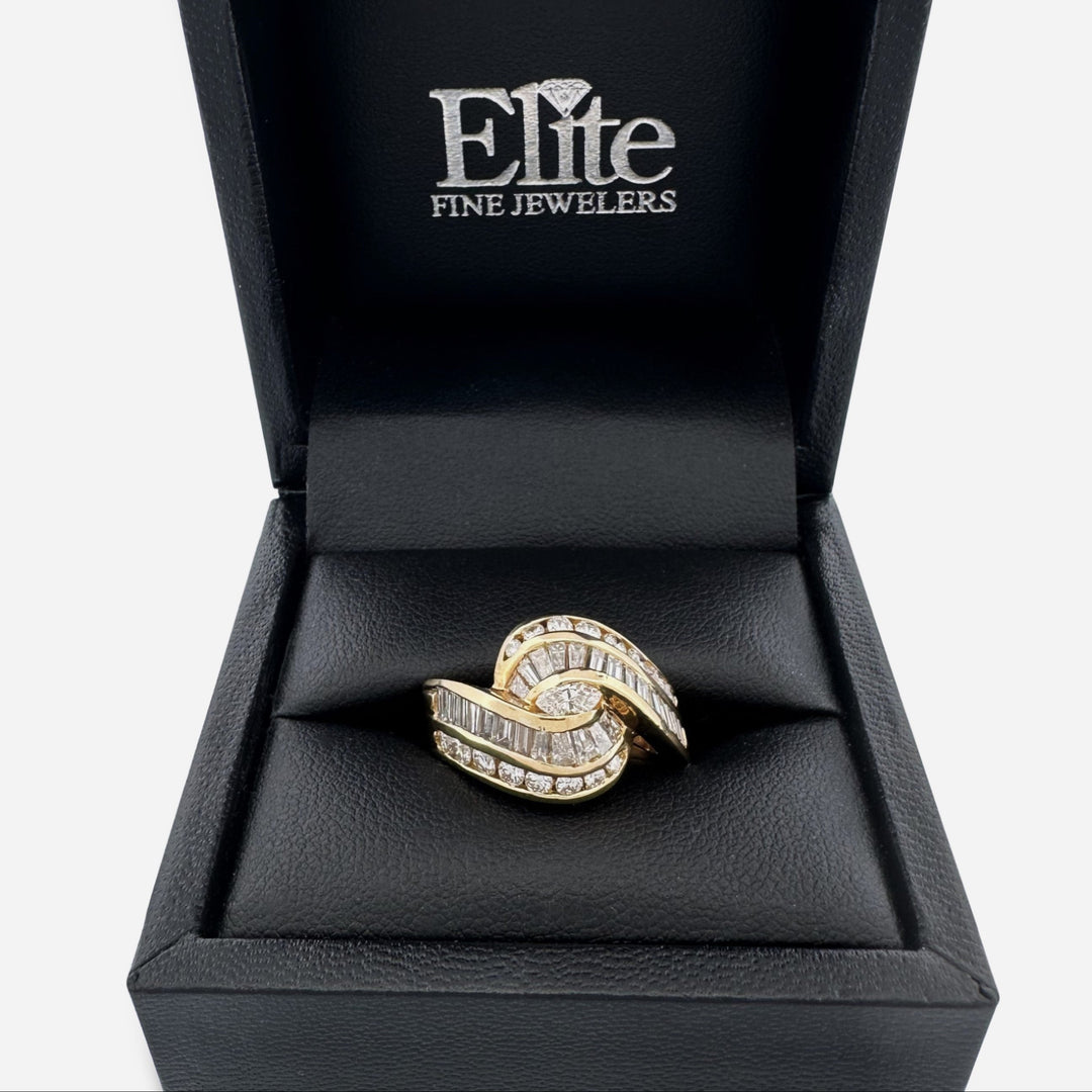 1.89ctw Baguette, Round Brilliant & Marquise Natural Diamond Cocktail Ring in 18k Yellow Gold