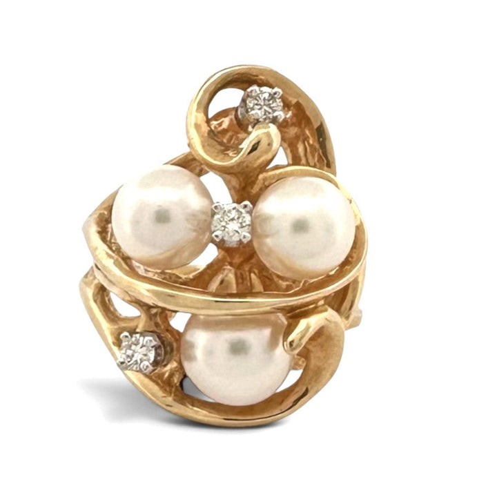 Vintage Triple Cultured Pearl and Round Brilliant Natural Diamond Cocktail Ring in 14k Yellow Gold