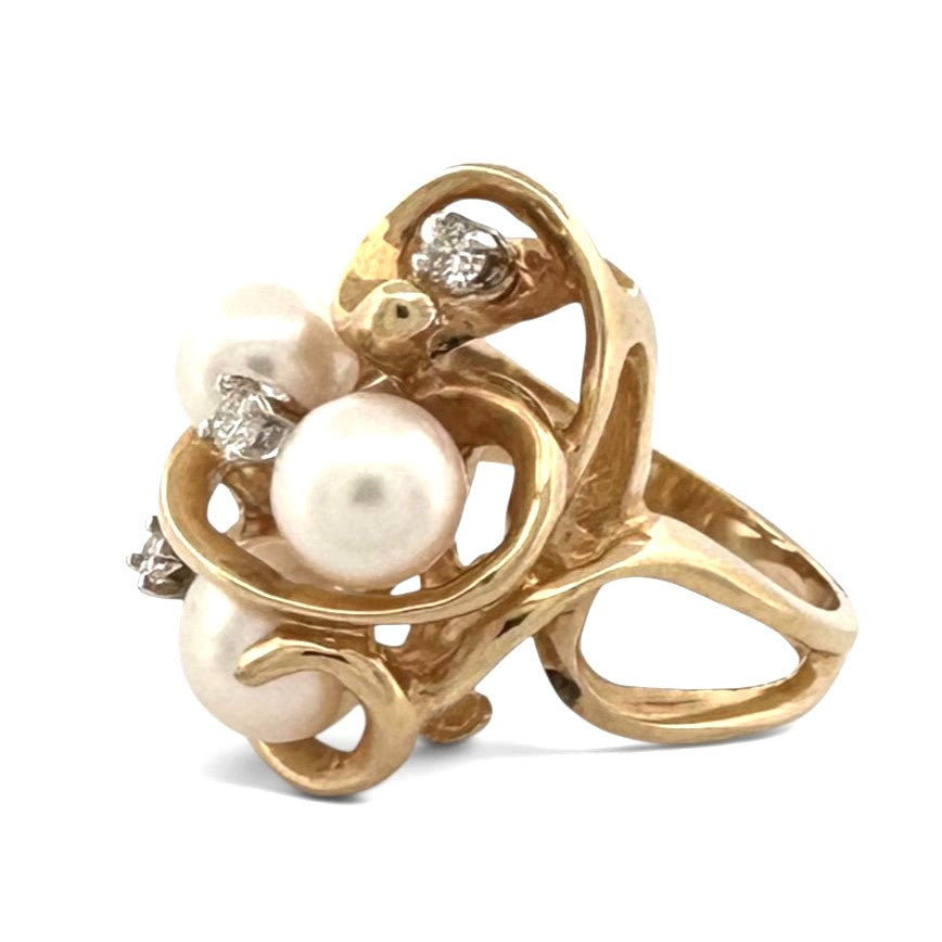 Vintage Triple Cultured Pearl and Round Brilliant Natural Diamond Cocktail Ring in 14k Yellow Gold