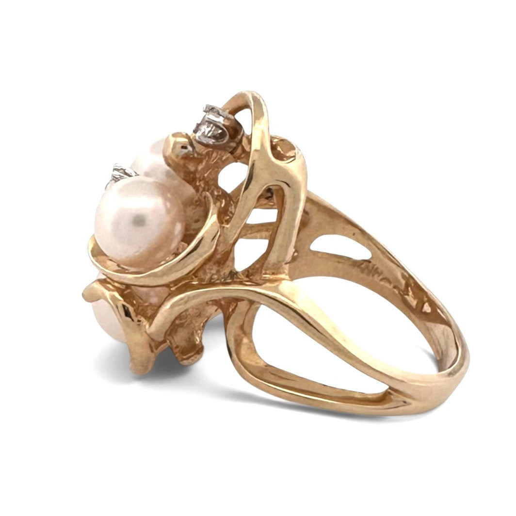 Vintage Triple Cultured Pearl and Round Brilliant Natural Diamond Cocktail Ring in 14k Yellow Gold