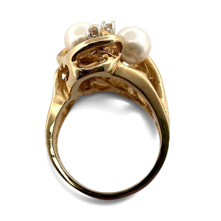 Vintage Triple Cultured Pearl and Round Brilliant Natural Diamond Cocktail Ring in 14k Yellow Gold