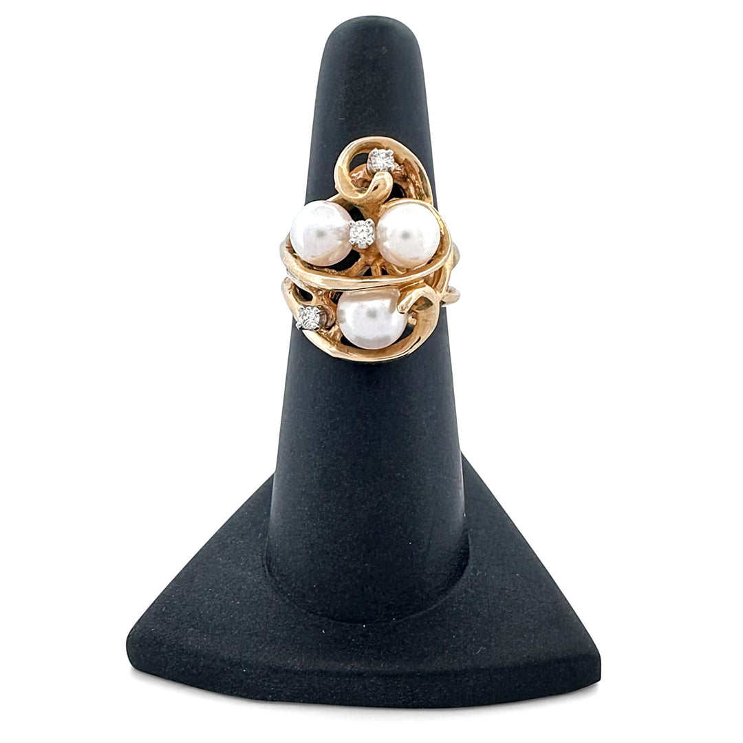 Vintage Triple Cultured Pearl and Round Brilliant Natural Diamond Cocktail Ring in 14k Yellow Gold