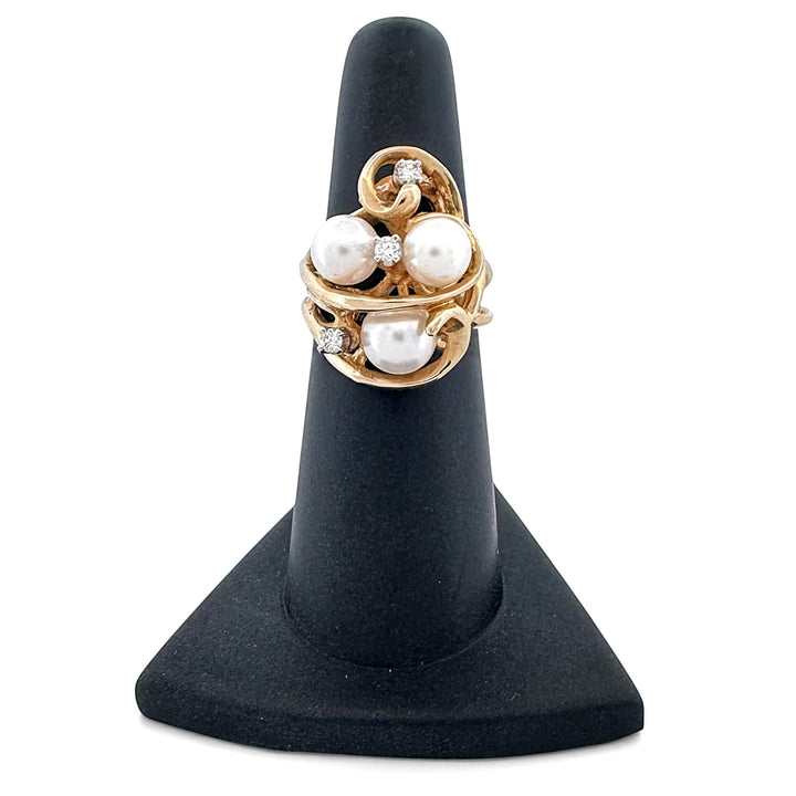 Vintage Triple Cultured Pearl and Round Brilliant Natural Diamond Cocktail Ring in 14k Yellow Gold