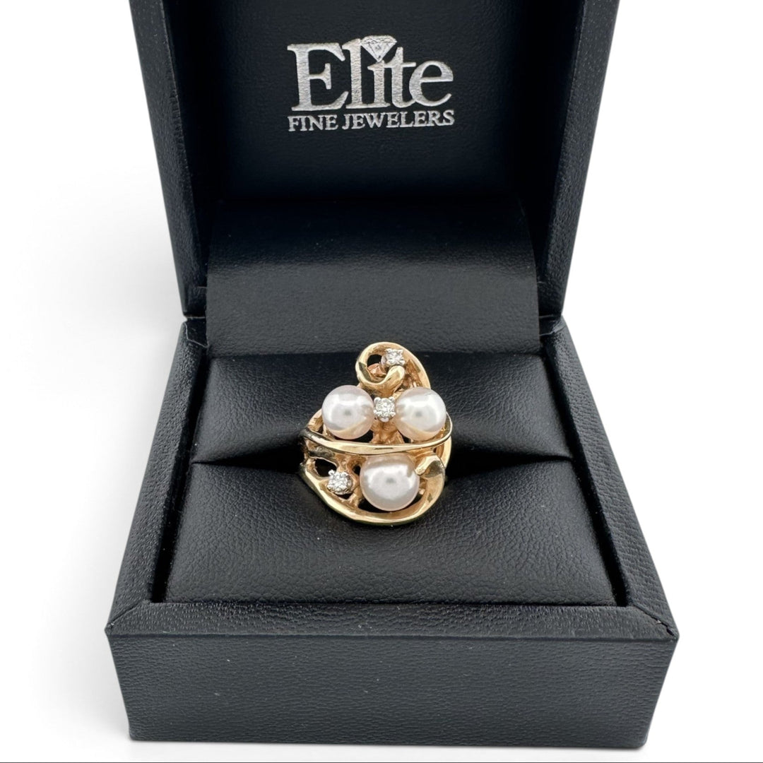 Vintage Triple Cultured Pearl and Round Brilliant Natural Diamond Cocktail Ring in 14k Yellow Gold