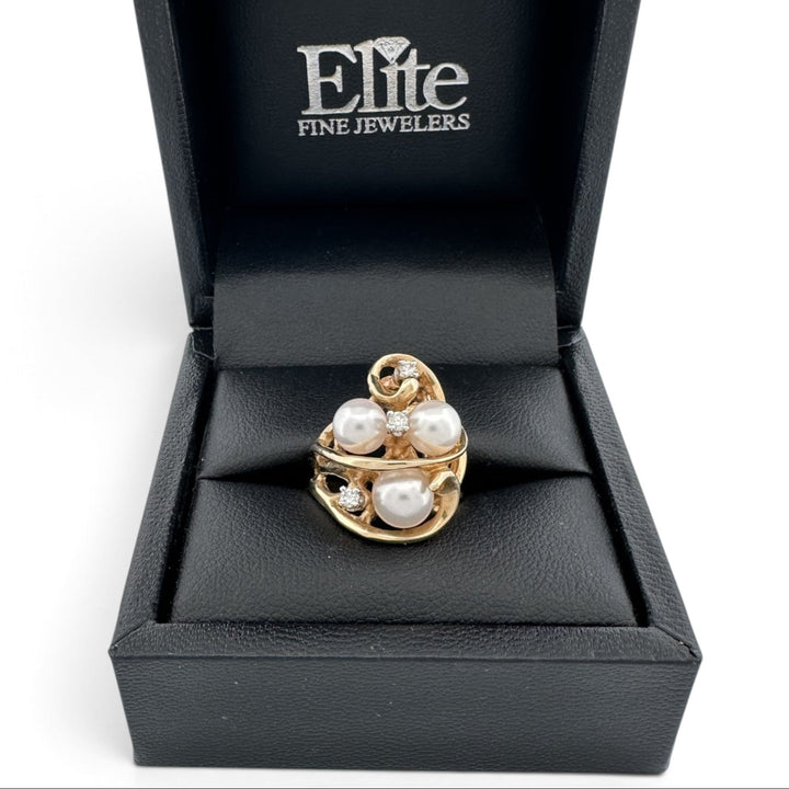 Vintage Triple Cultured Pearl and Round Brilliant Natural Diamond Cocktail Ring in 14k Yellow Gold