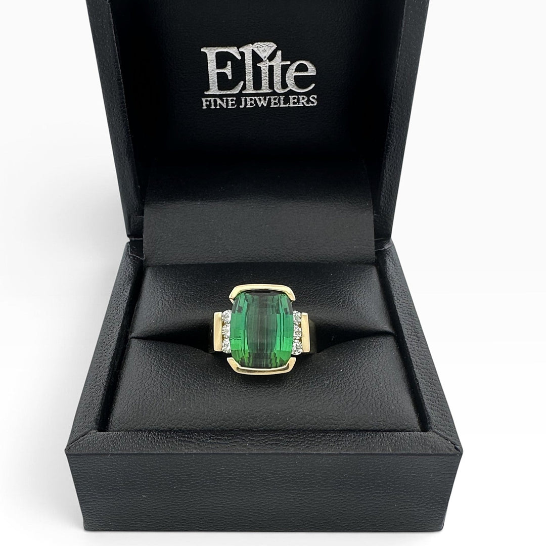 Green Cushion Tourmaline with Natural Diamonds Cocktail Ring in 18k Yellow Gold