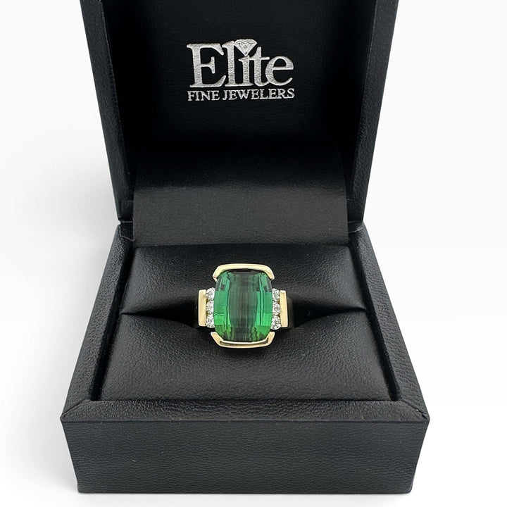 Green Cushion Tourmaline with Natural Diamonds Cocktail Ring in 18k Yellow Gold