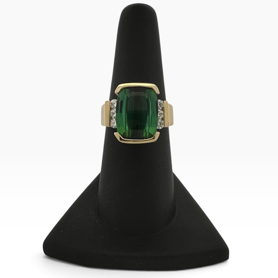 Green Cushion Tourmaline with Natural Diamonds Cocktail Ring in 18k Yellow Gold