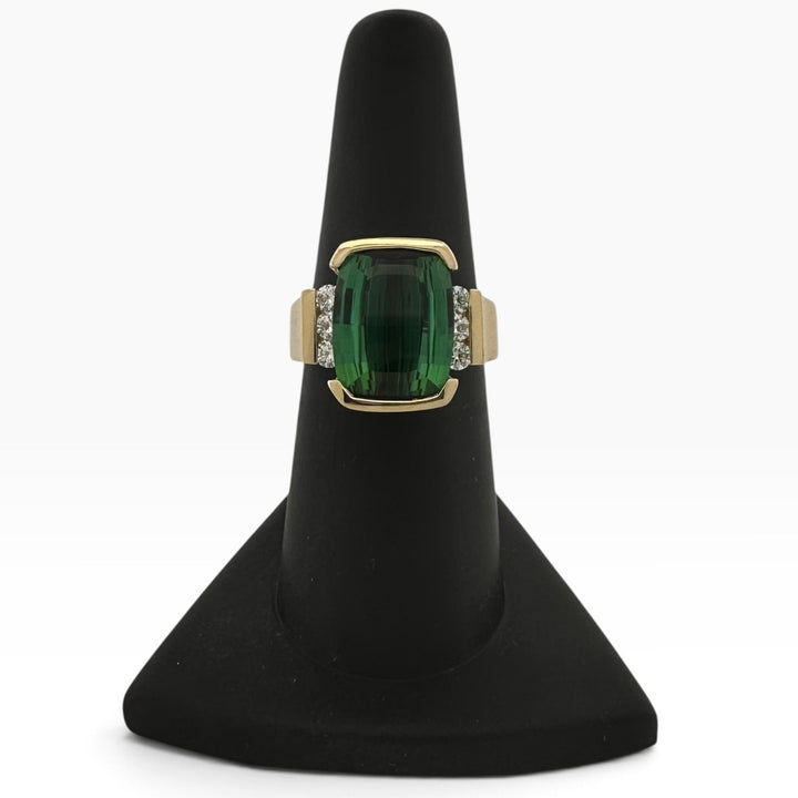 Green Cushion Tourmaline with Natural Diamonds Cocktail Ring in 18k Yellow Gold