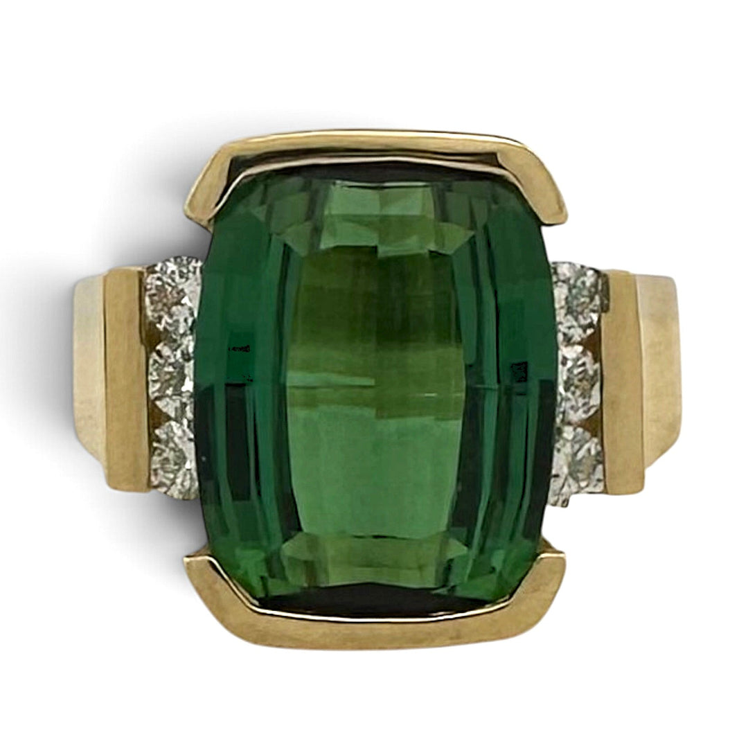 Green Cushion Tourmaline with Natural Diamonds Cocktail Ring in 18k Yellow Gold