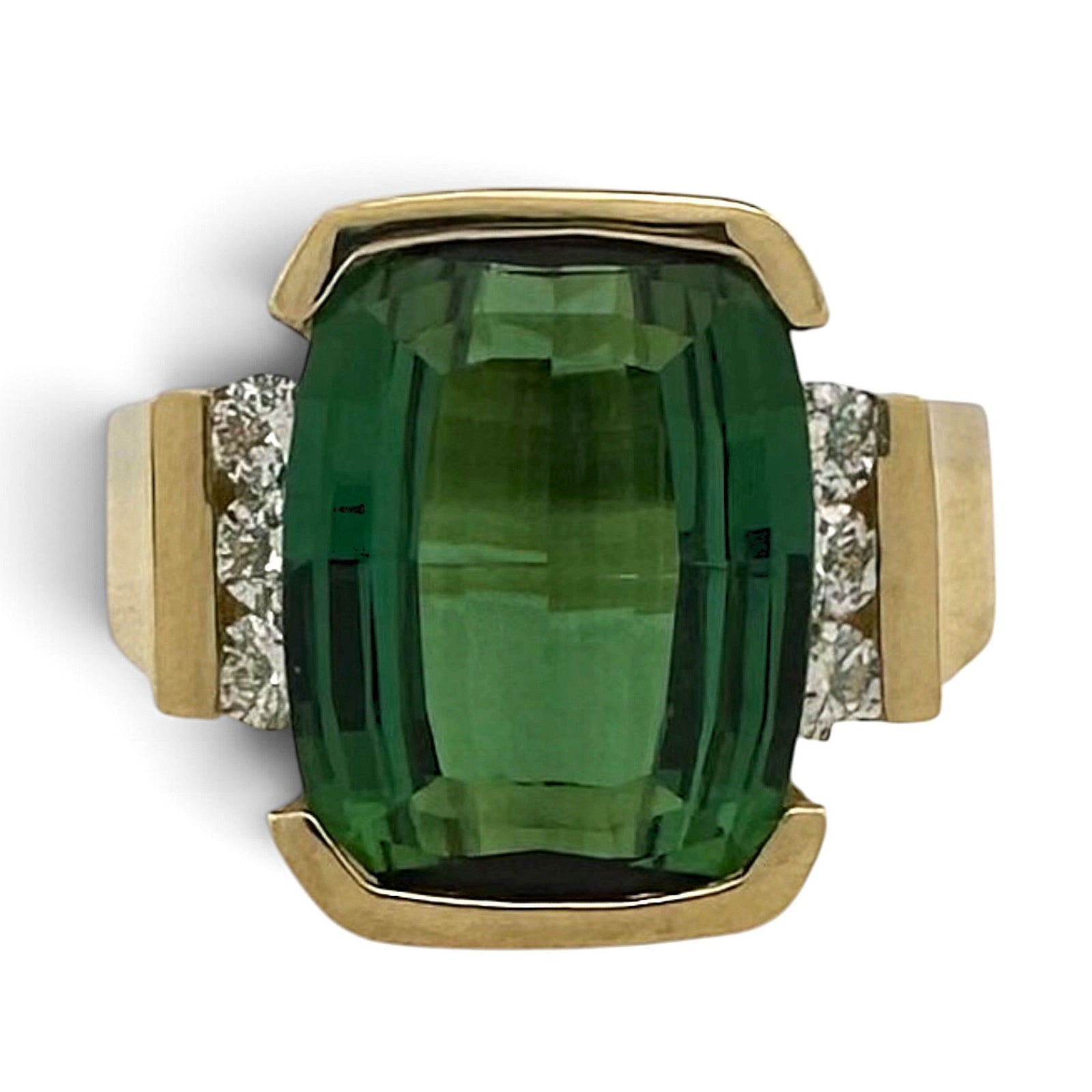 Green Cushion Tourmaline with Natural Diamonds Cocktail Ring in 18k Yellow Gold