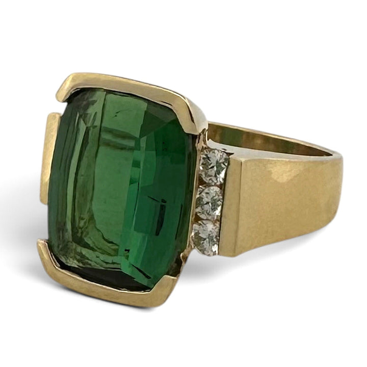 Green Cushion Tourmaline with Natural Diamonds Cocktail Ring in 18k Yellow Gold