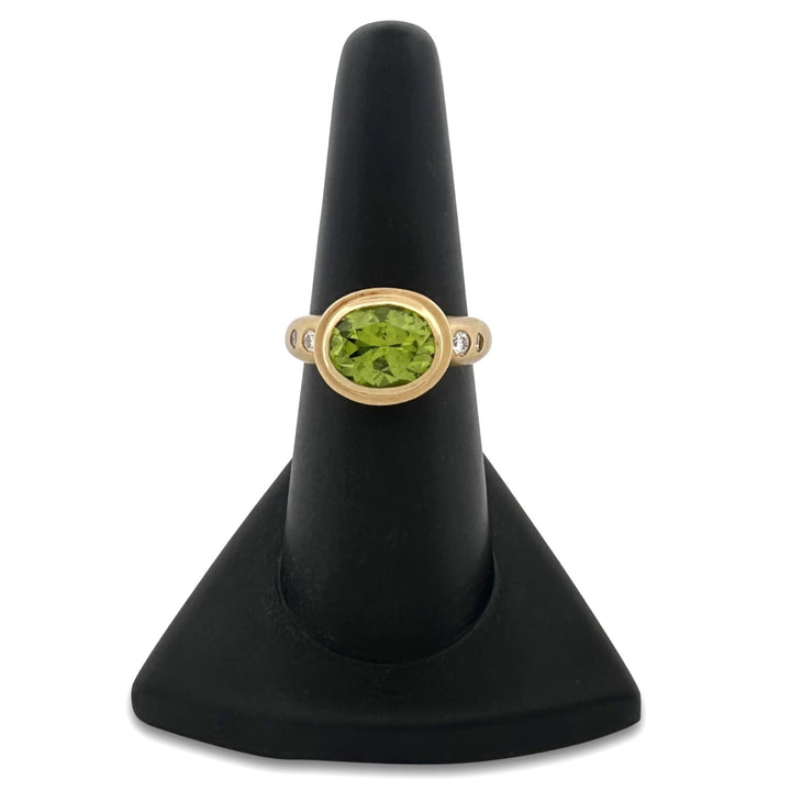 Oval Peridot & Round Brilliant Natural Diamond East-West Cocktail Ring in 18k Yellow Gold