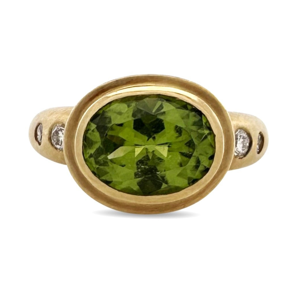 Oval Peridot & Round Brilliant Natural Diamond East-West Cocktail Ring in 18k Yellow Gold