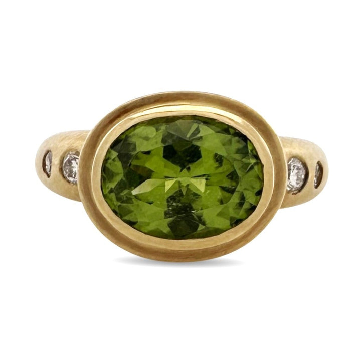 Oval Peridot & Round Brilliant Natural Diamond East-West Cocktail Ring in 18k Yellow Gold
