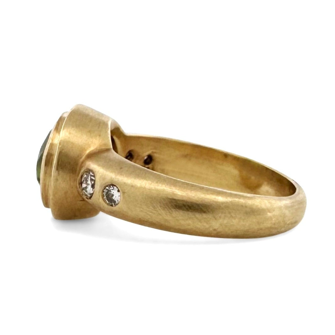 Oval Peridot & Round Brilliant Natural Diamond East-West Cocktail Ring in 18k Yellow Gold