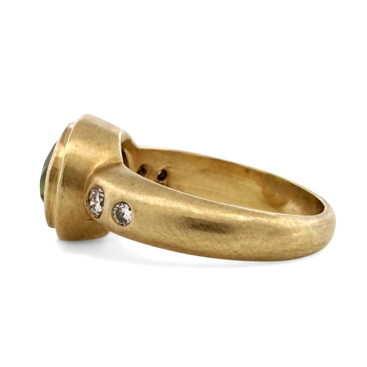 Oval Peridot & Round Brilliant Natural Diamond East-West Cocktail Ring in 18k Yellow Gold