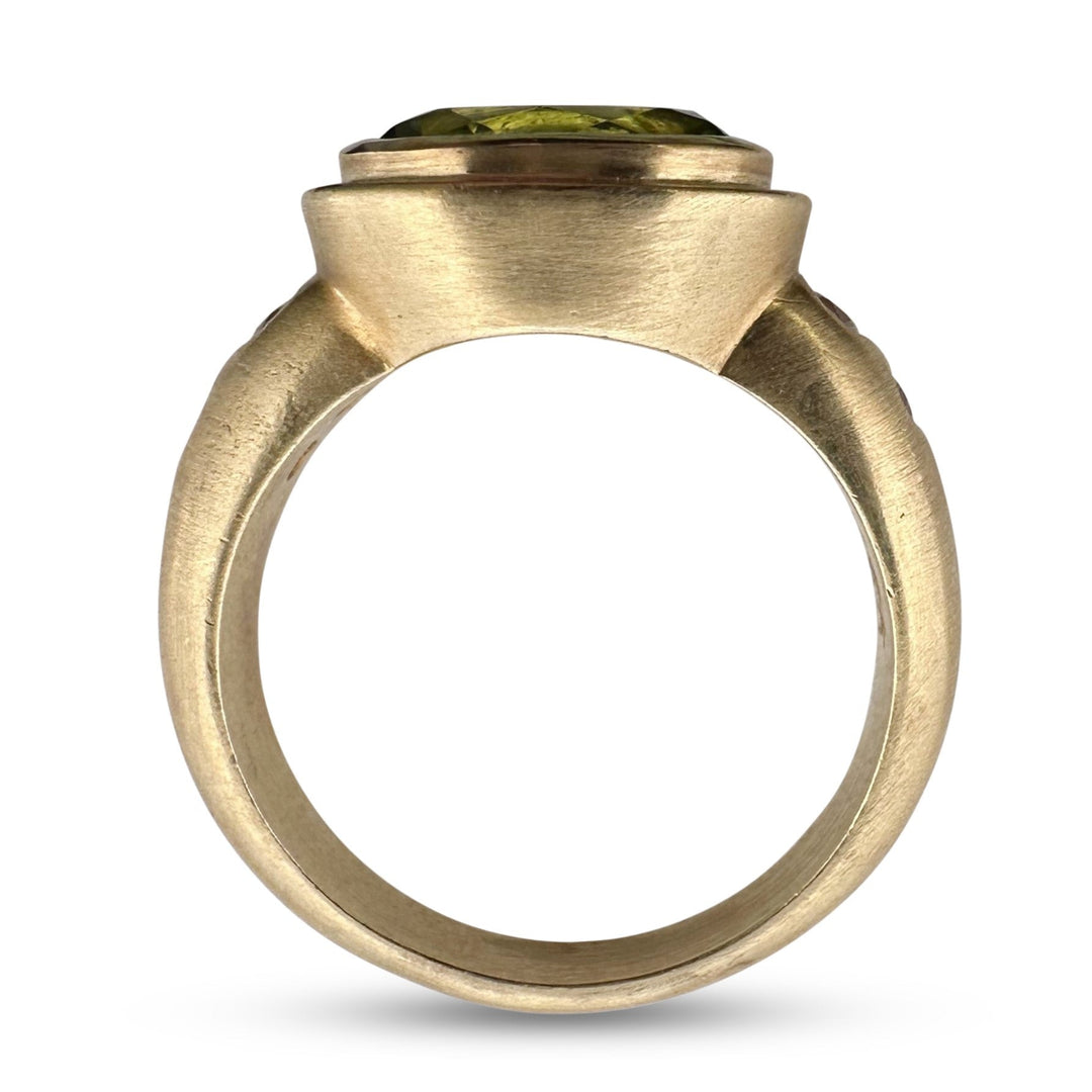 Oval Peridot & Round Brilliant Natural Diamond East-West Cocktail Ring in 18k Yellow Gold