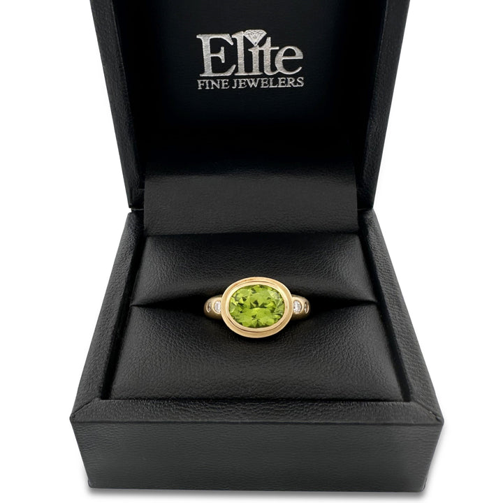 Oval Peridot & Round Brilliant Natural Diamond East-West Cocktail Ring in 18k Yellow Gold