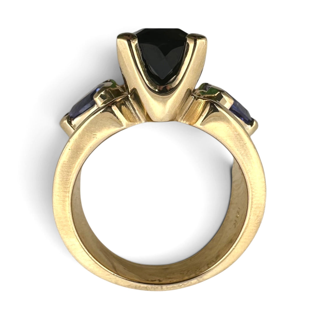 Green Tourmaline & Tanzanite 3-Stone Cocktail Ring in 18k Yellow Gold