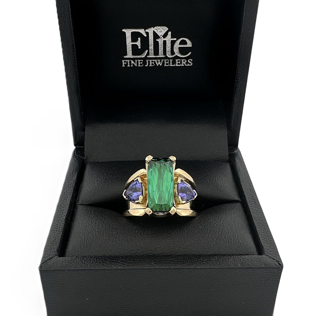Green Tourmaline & Tanzanite 3-Stone Cocktail Ring in 18k Yellow Gold