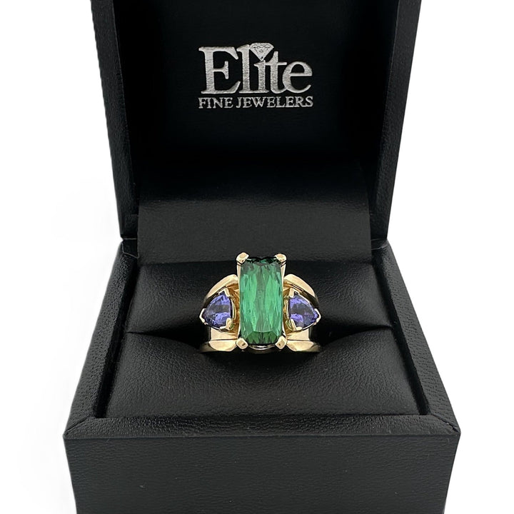 Green Tourmaline & Tanzanite 3-Stone Cocktail Ring in 18k Yellow Gold