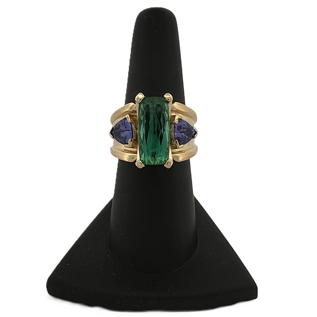 Green Tourmaline & Tanzanite 3-Stone Cocktail Ring in 18k Yellow Gold