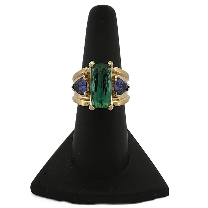 Green Tourmaline & Tanzanite 3-Stone Cocktail Ring in 18k Yellow Gold