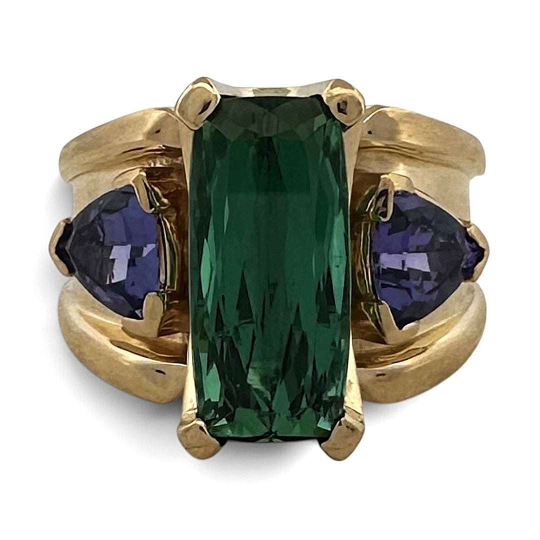 Green Tourmaline & Tanzanite 3-Stone Cocktail Ring in 18k Yellow Gold