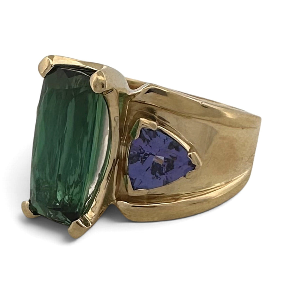 Green Tourmaline & Tanzanite 3-Stone Cocktail Ring in 18k Yellow Gold