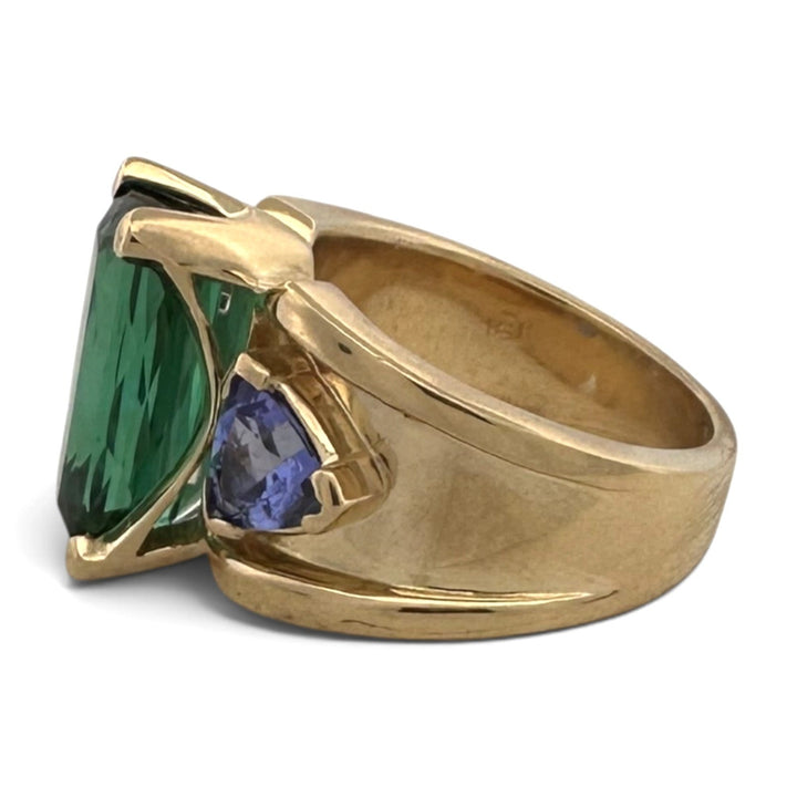 Green Tourmaline & Tanzanite 3-Stone Cocktail Ring in 18k Yellow Gold