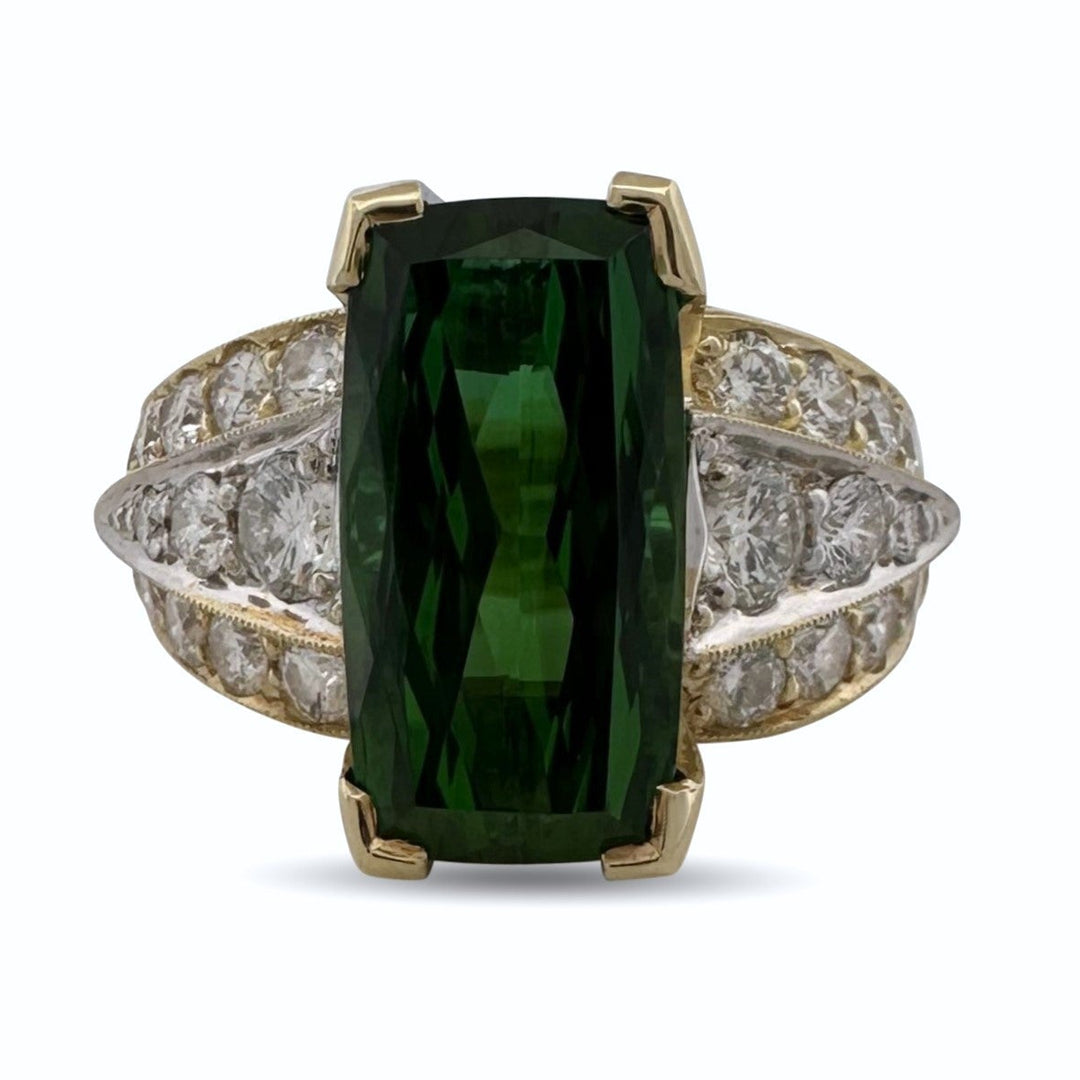 Green Tourmaline with Natural Diamonds Cocktail Ring in 18k Two-Tone Gold