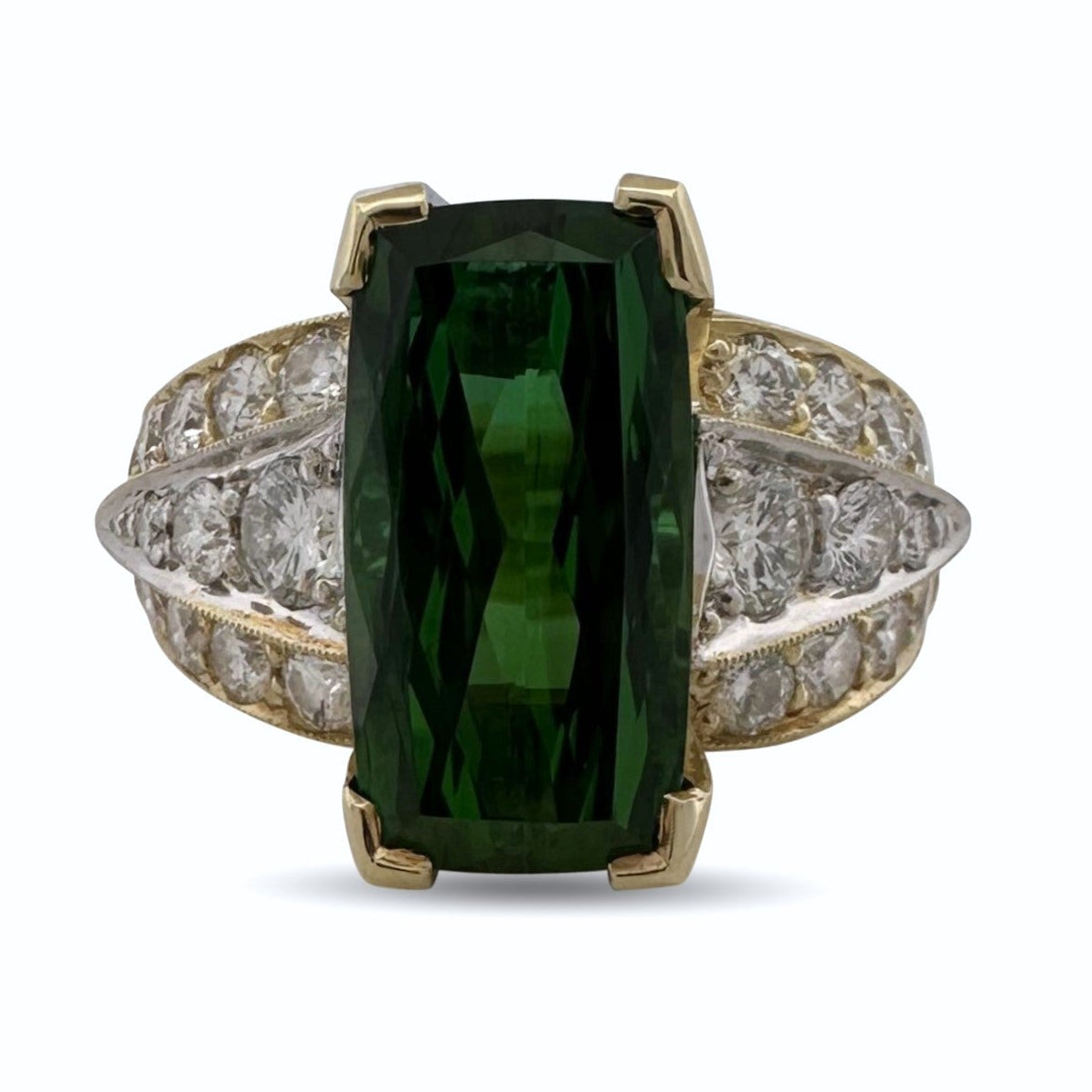 Green Tourmaline with Natural Diamonds Cocktail Ring in 18k Two-Tone Gold