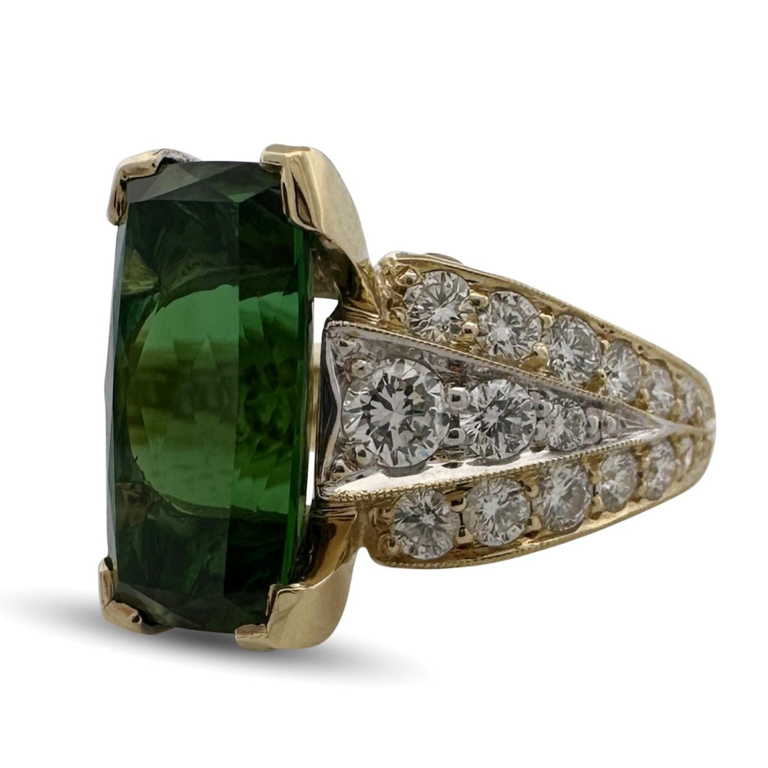 Green Tourmaline with Natural Diamonds Cocktail Ring in 18k Two-Tone Gold