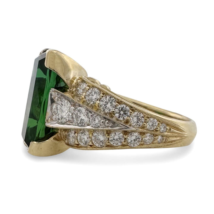 Green Tourmaline with Natural Diamonds Cocktail Ring in 18k Two-Tone Gold
