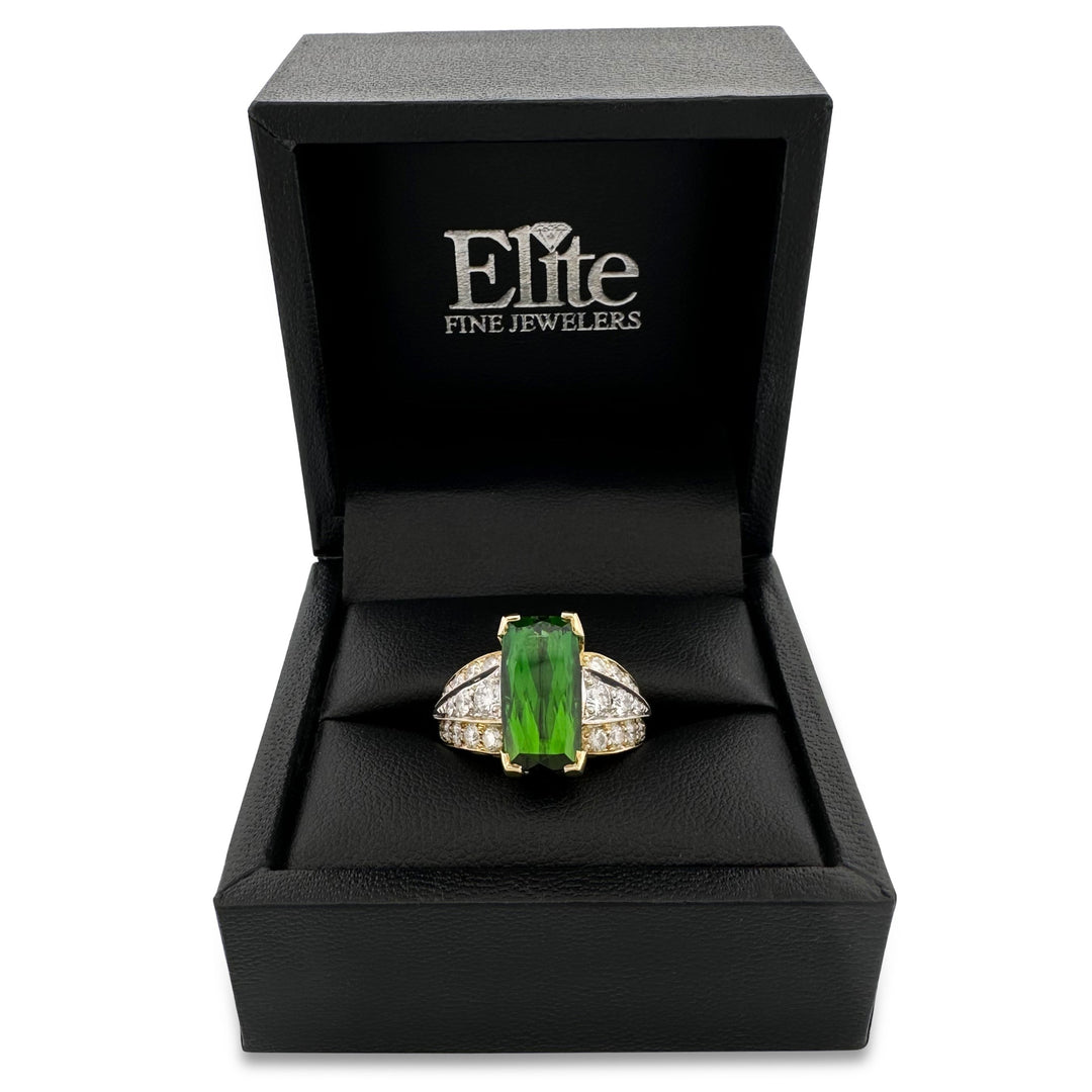 Green Tourmaline with Natural Diamonds Cocktail Ring in 18k Two-Tone Gold