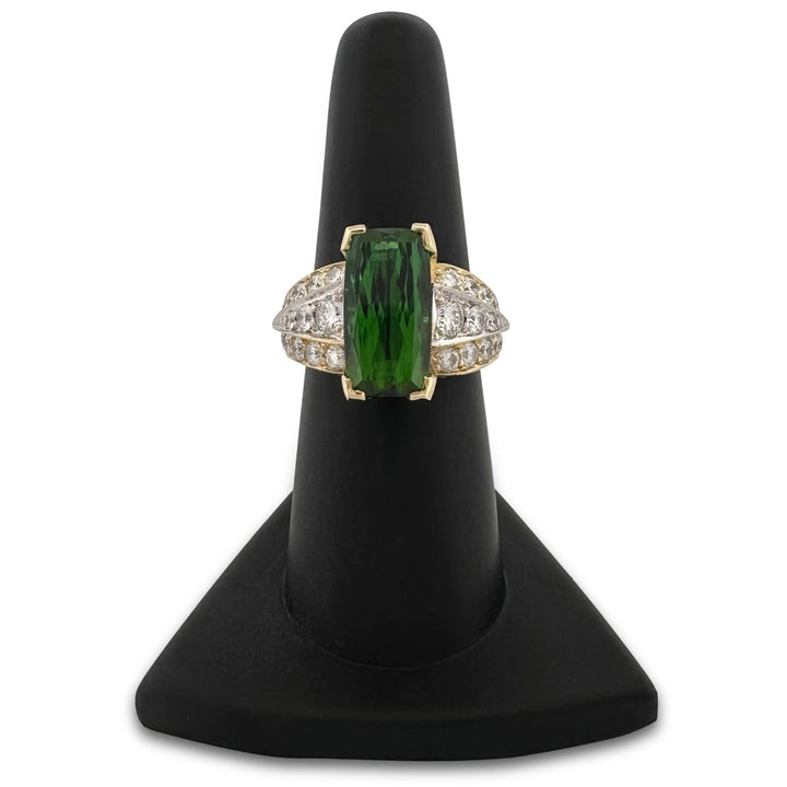 Green Tourmaline with Natural Diamonds Cocktail Ring in 18k Two-Tone Gold