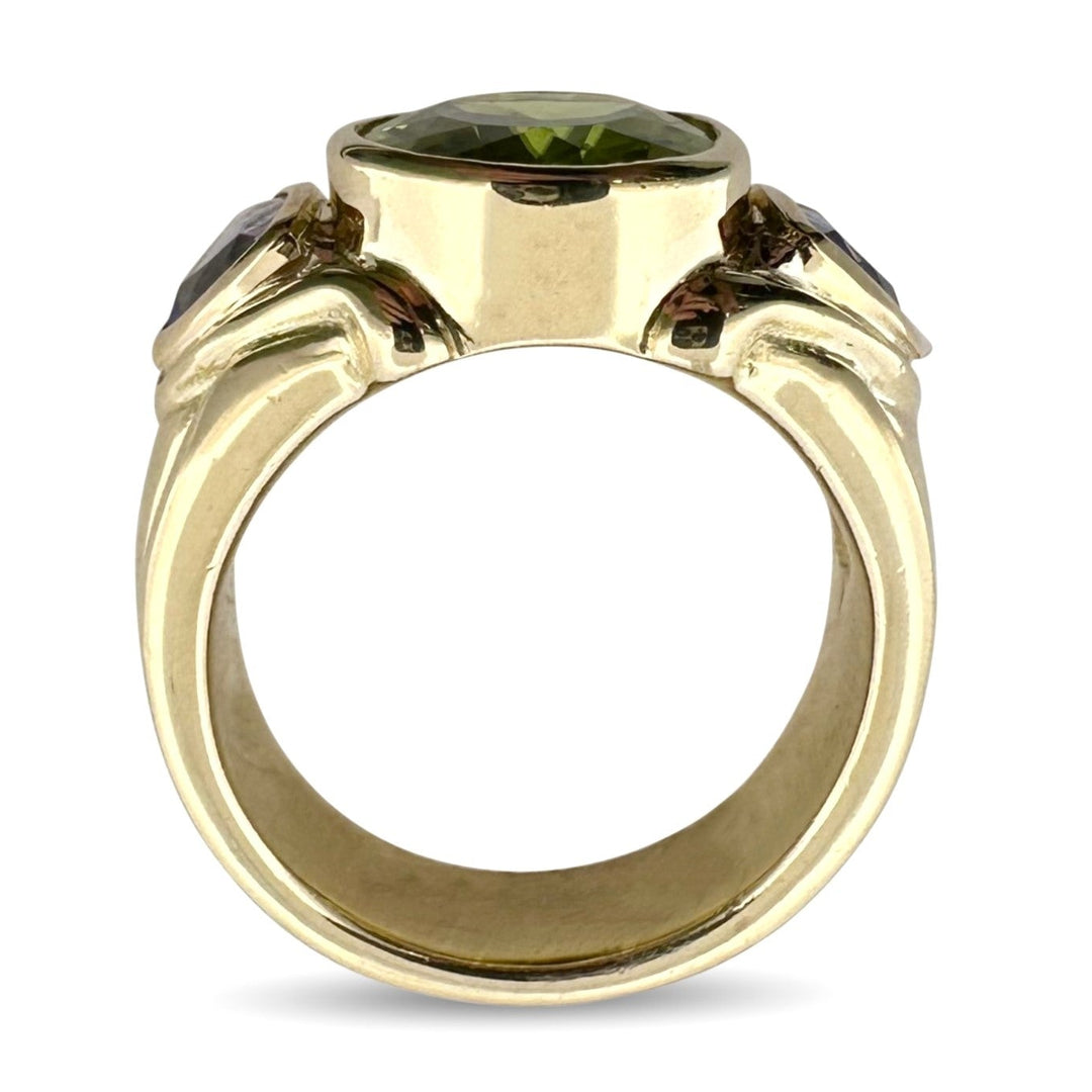 Oval Peridot & Triangular Tanzanite Cocktail Ring in 18k Yellow Gold