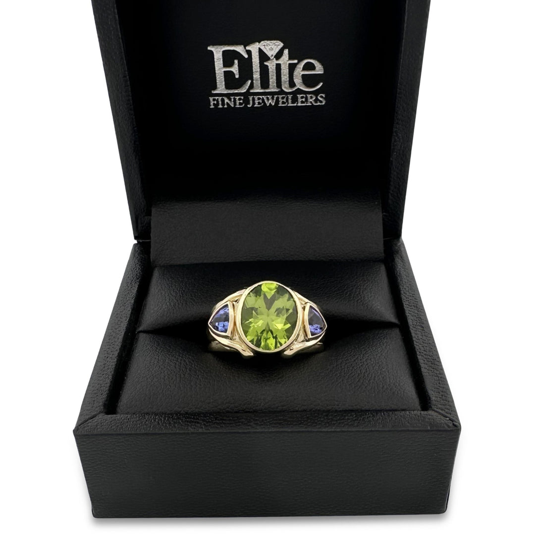 Oval Peridot & Triangular Tanzanite Cocktail Ring in 18k Yellow Gold
