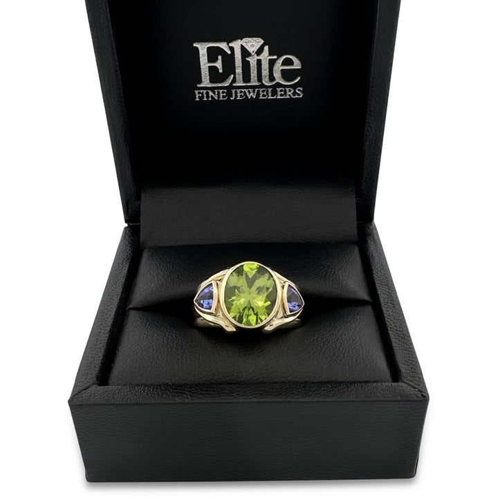 Oval Peridot & Triangular Tanzanite Cocktail Ring in 18k Yellow Gold