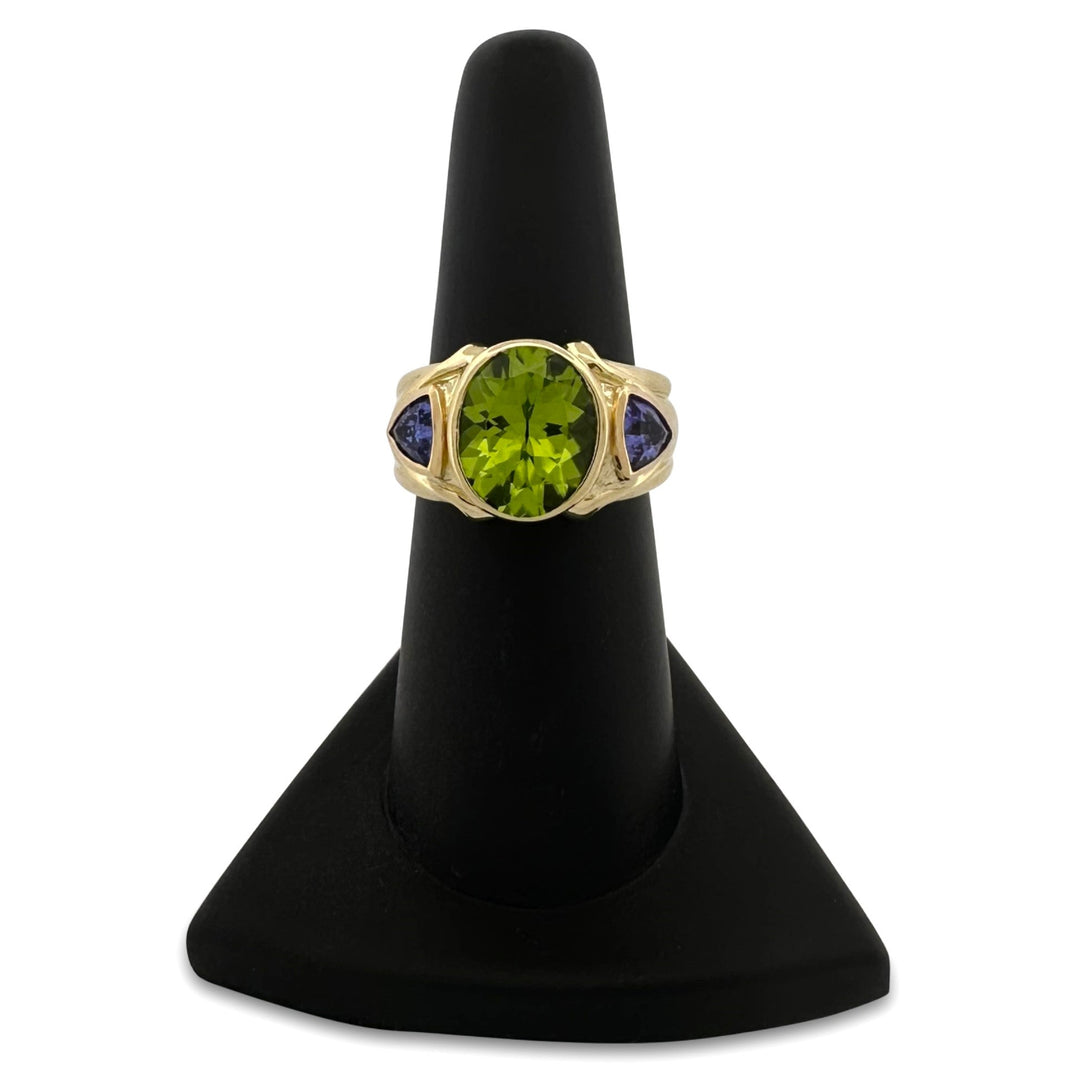 Oval Peridot & Triangular Tanzanite Cocktail Ring in 18k Yellow Gold