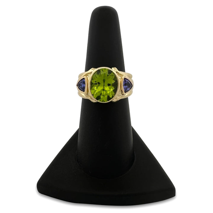 Oval Peridot & Triangular Tanzanite Cocktail Ring in 18k Yellow Gold