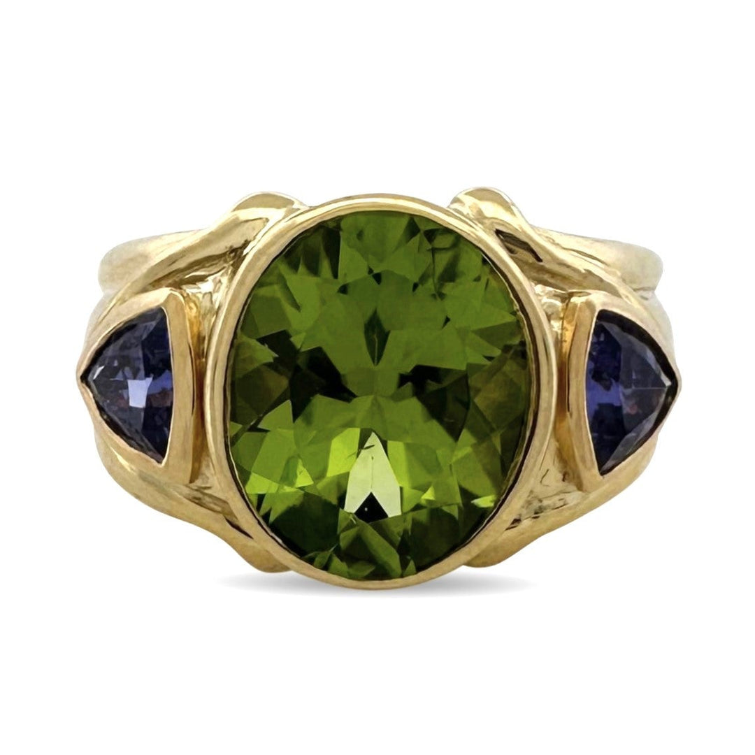 Oval Peridot & Triangular Tanzanite Cocktail Ring in 18k Yellow Gold