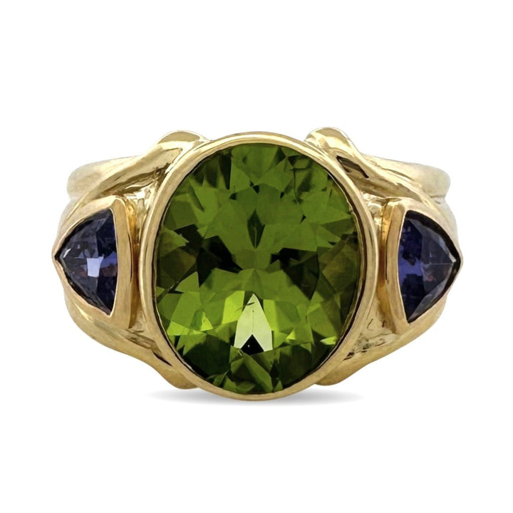 Oval Peridot & Triangular Tanzanite Cocktail Ring in 18k Yellow Gold
