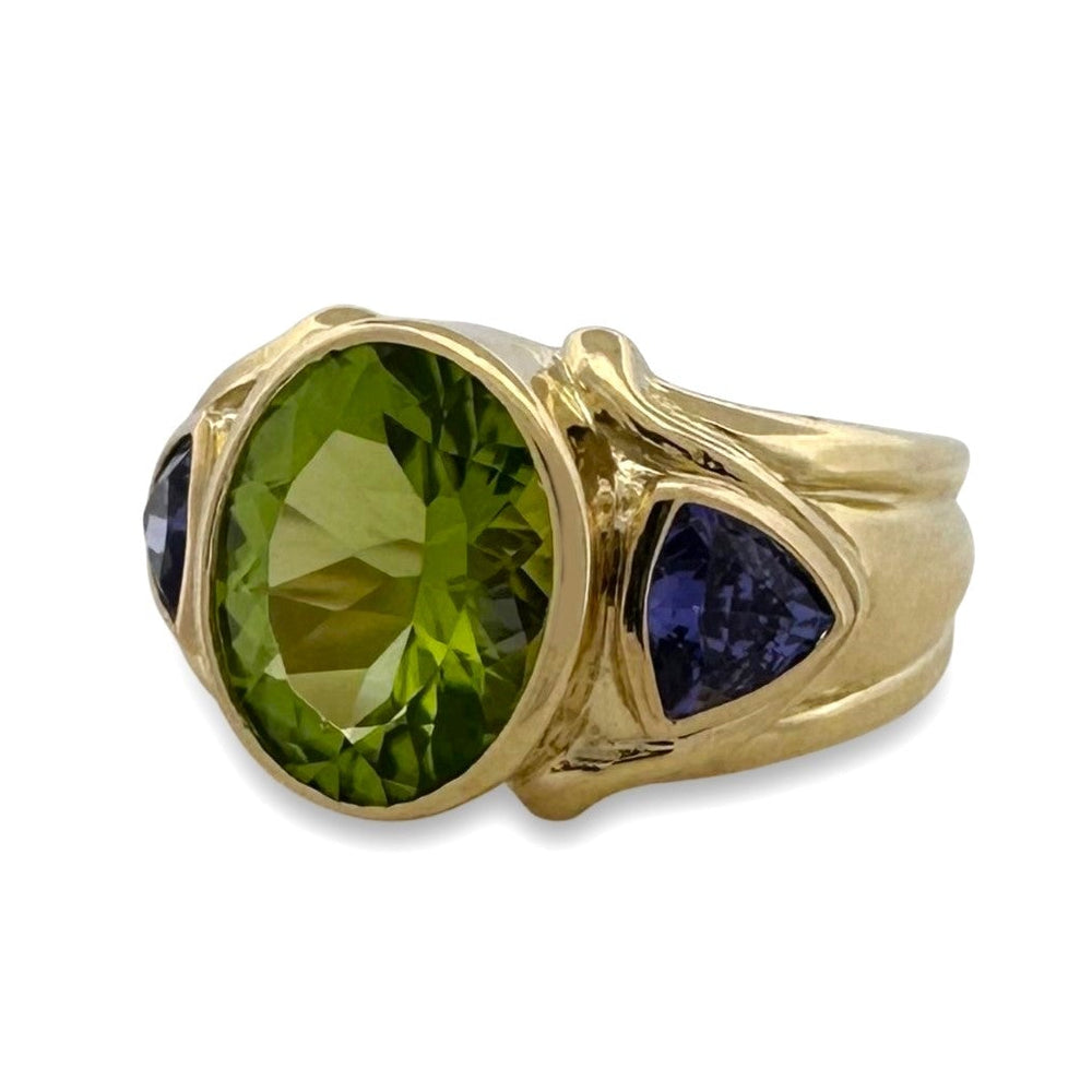 Oval Peridot & Triangular Tanzanite Cocktail Ring in 18k Yellow Gold