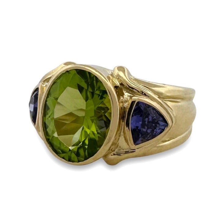 Oval Peridot & Triangular Tanzanite Cocktail Ring in 18k Yellow Gold