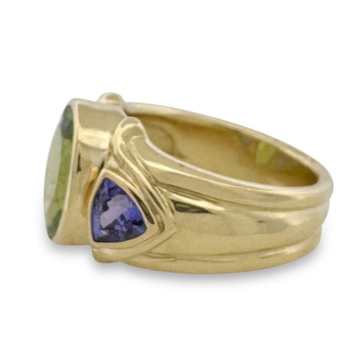 Oval Peridot & Triangular Tanzanite Cocktail Ring in 18k Yellow Gold