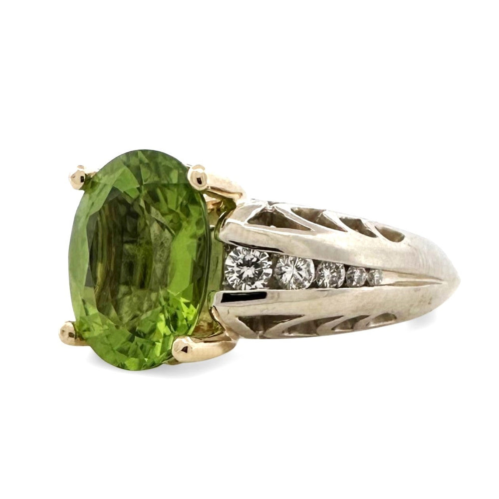 Oval Peridot & Round Brilliant Natural Diamond Cocktail Ring in 14k Two-Tone Gold