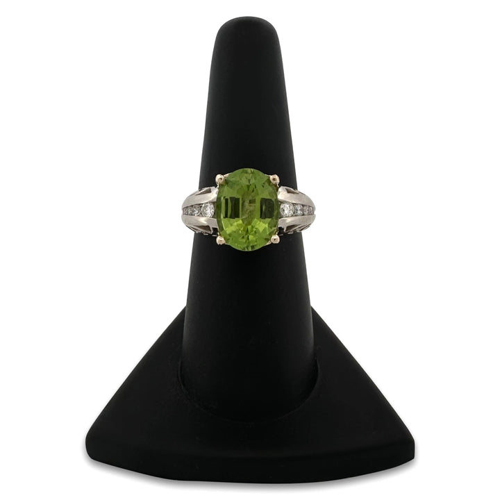 Oval Peridot & Round Brilliant Natural Diamond Cocktail Ring in 14k Two-Tone Gold